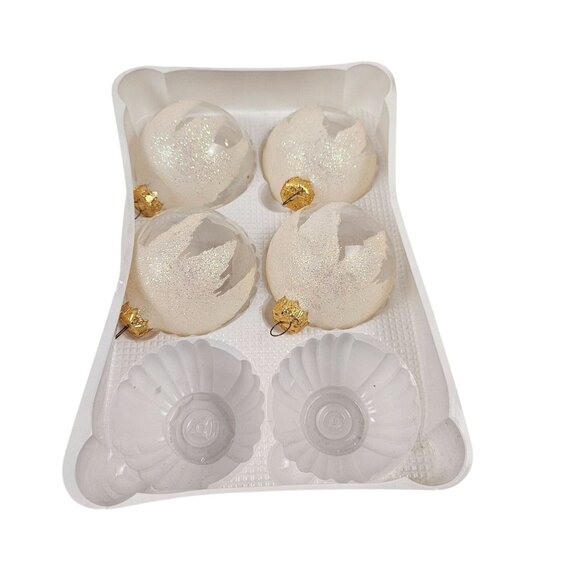 Vintage Christmas Ornaments Clear Glass White Glitter Accents Gold Crown - Picture 1 of 8